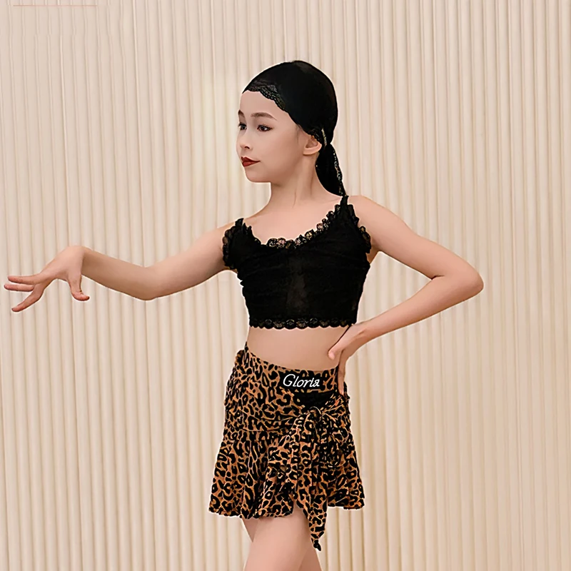 

Girls Latin Dance Performance Set Childrens Black Lace Sleeveless Tops Leopard print Skirt Suit Samba Training Clothing XH2592