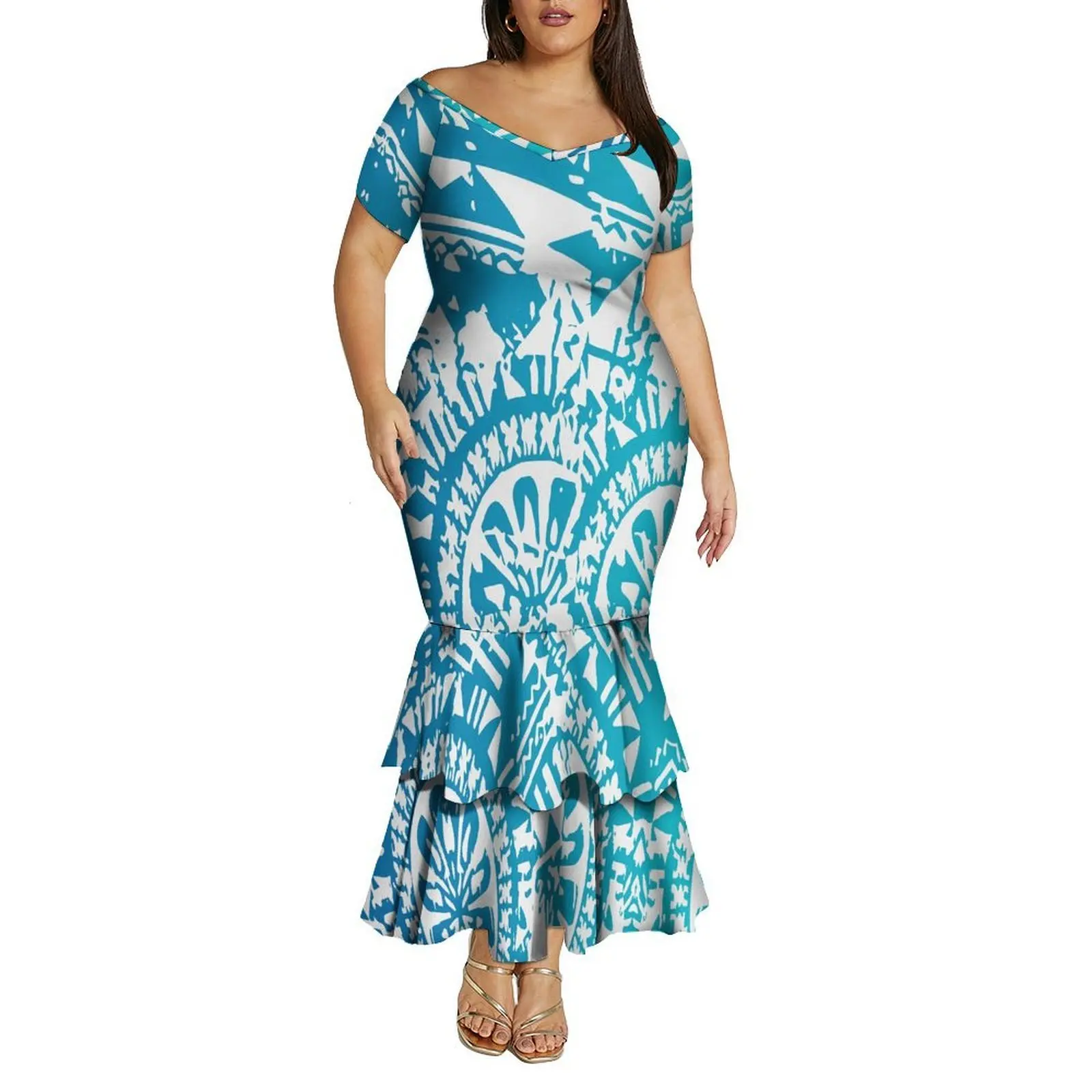 Vestido rabo de peixe de dupla camada elegante com ombro de fora grande decote em V vestido justo feito sob medida para mulheres polinesias