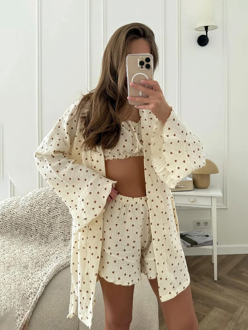 

Хлопковая женская одежда для сна Marthaqiqi, комплект из 3 предметов, ночная рубашка с длинными рукавами, пижама с V-образным вырезом, майка, ночная рубашка, шорты, женский комплект для сна