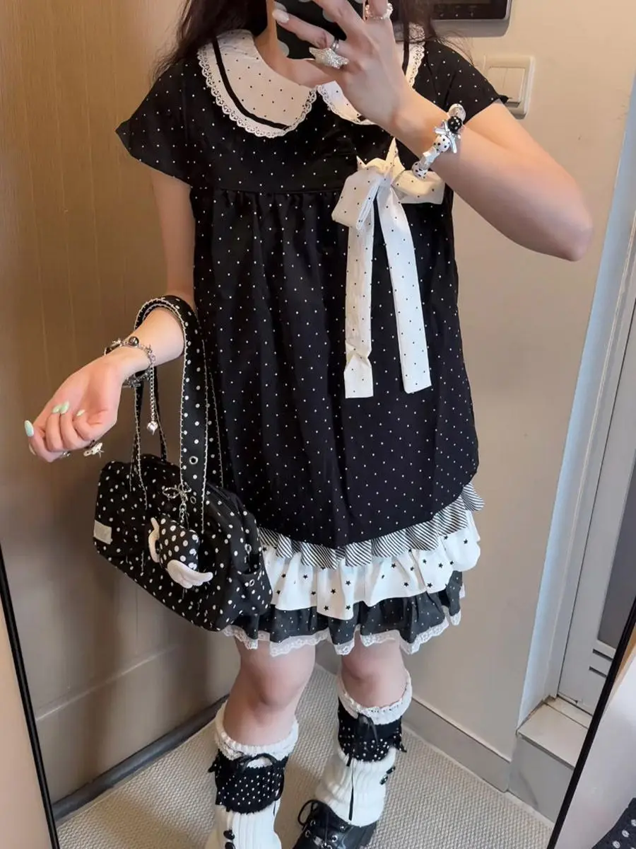 Y2K Kawaii Japanese Polka Dot 2 Piece Set Women Doll Collar Short Sleeve Bow Lace Trim Ruffle Cake Skirt Loose Fit Dress Casual view 2