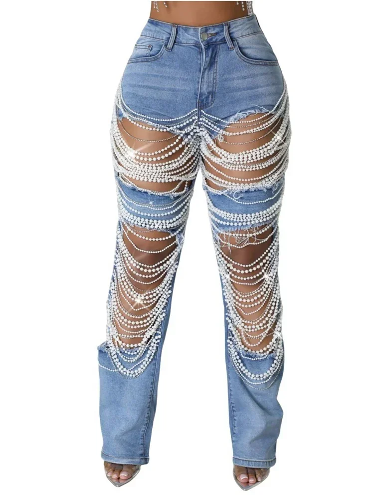 Wmstar Jeans Women High Waist Denim Boyfriend Beading Cargo Korean Ripped Holloe Out Streetwear Pants Wholesale Dropshipping