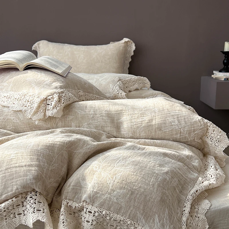 Natural Linen Cotton French Vintage Jacquard Hollow Lace Princess Bedding Set Duvet Cover Bed Sheet/Fitted Sheet Pillowcase 4Pcs