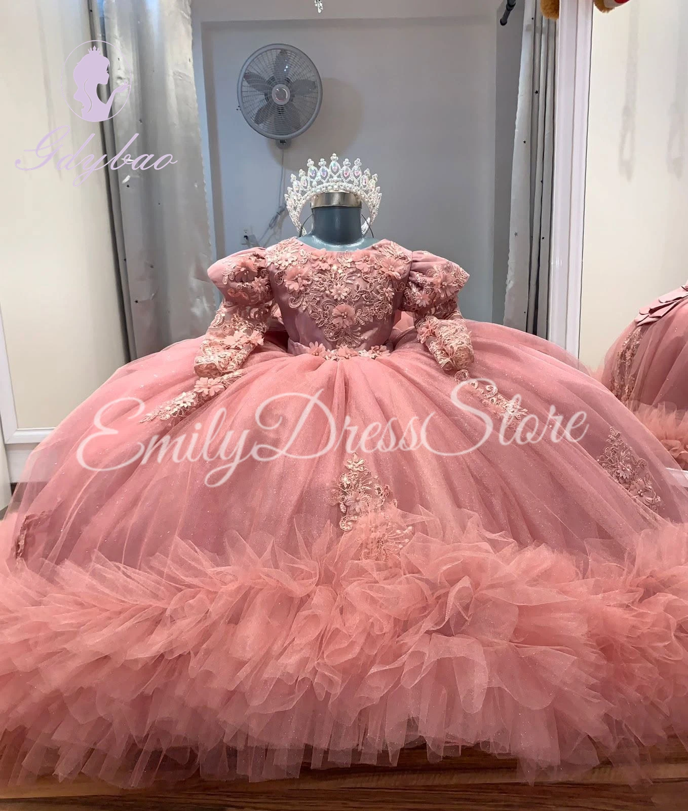 Customized Pink Red Flower Girl Dress For Wedding Elegant Lace Luxury 3d Applique Kids Birthday Party First Communion Gown