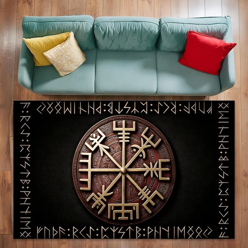 Viking Vegvisir Compass Rug, Norse Mythology Wayfinding Symbol Carpet, Pagan Scandinavian Decor, Non-Slip Washable Nordic Mat
