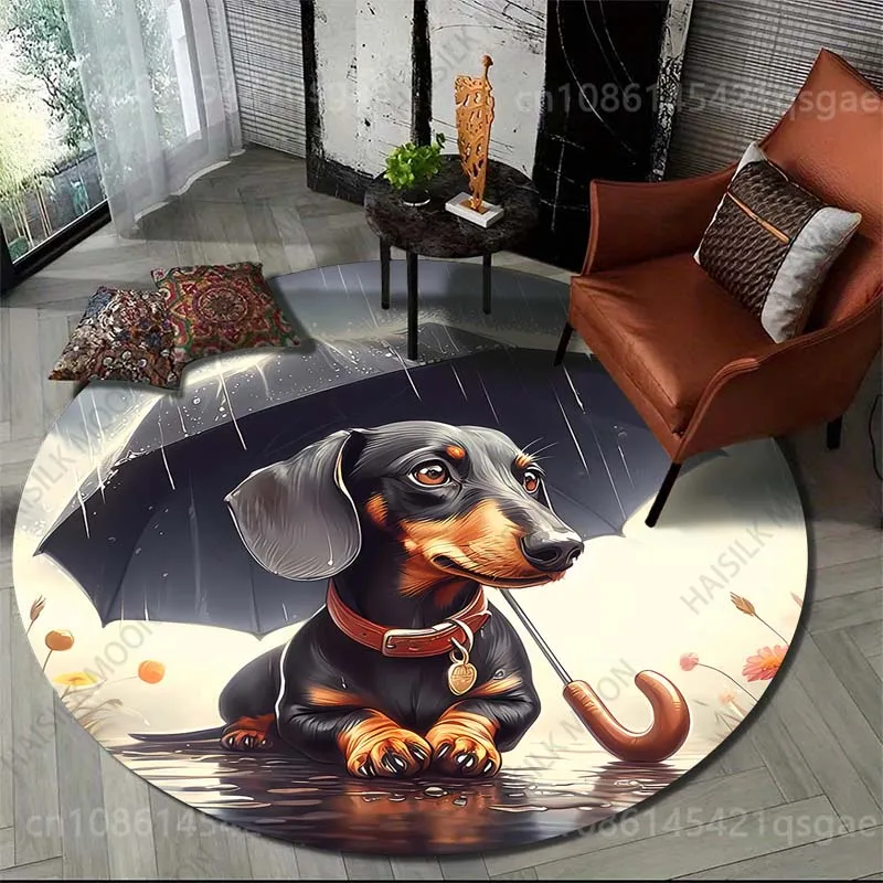 Multiple sizes Dachshund with umbrella rain Print Round Carpet for Living Room Bedroom Sofa Table Floor Mat Area Rug Luxury Gift