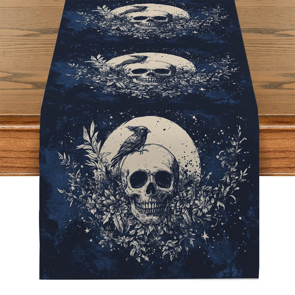 Branches Flower Skull Crow Moon Table Runners Dresser Decor for Kitchen Holiday Party Table Runner Washable Dining Long Cloth