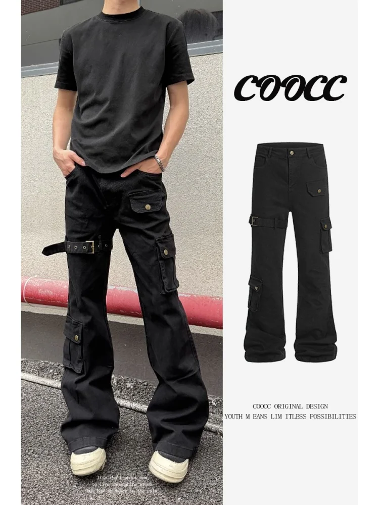 

Retro American Workwear Sle Men's Straight Leg Slim Fit Jeans Multiple kets Bla Flared Trousers Street Faion