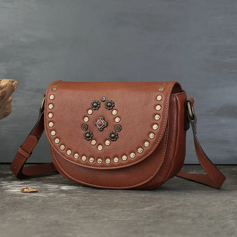 

Johnature 2025 New Genuine Leather Women's Saddle Bag Retro Handmade Rivet Shoulder & Crossbody Bags