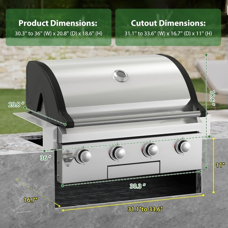 Gas Grill Built-In Head, 30-Inch 4-Burner Propane Gas Grill, Natural Gas Convertible, Heavy Duty 304 Stainless Steel