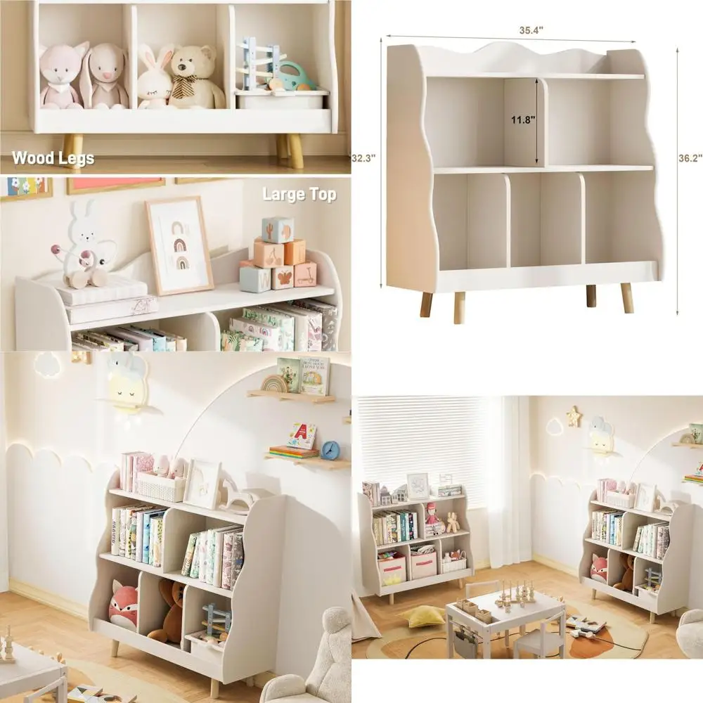 

Трехуровневая изогнутая деревянная детская книжная полка и органайзер для игрушек с 5 отсеками для хранения - белый цвет