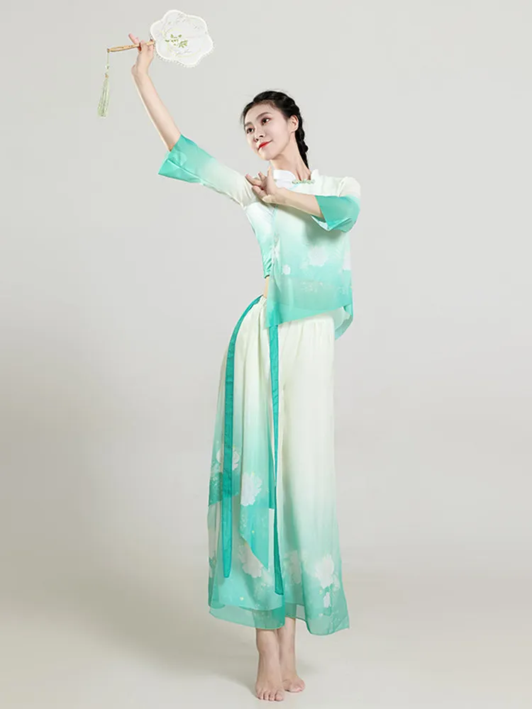 

Костюм для китайских народных танцев для взрослых, классический танцевальный костюм-ципао, костюм для тренировок по китайским танцам, костюм для танцев с зонтами, костюм для коллективных выступлений