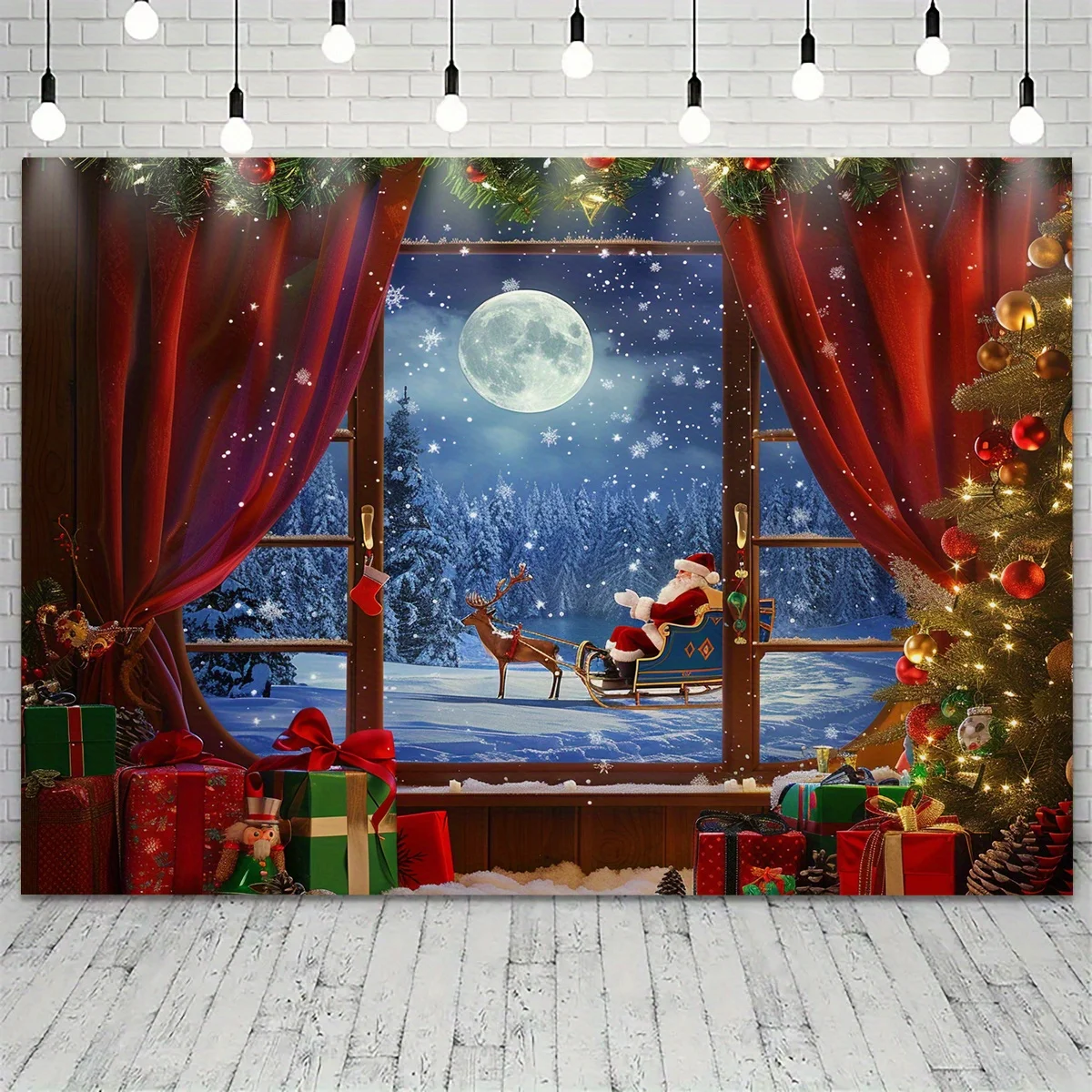 Christmas Wonderland Window Background Cloth - Santa Claus, Snowflakes, and Moon - Perfect for holiday parties and home decor