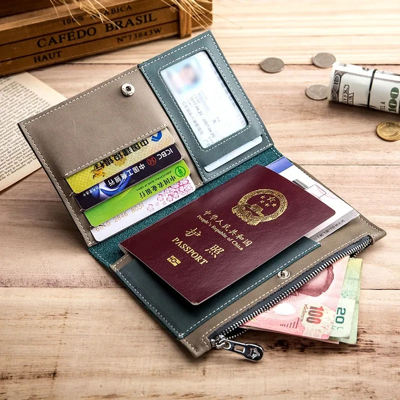 Funda de pasaporte de piel de vaca de cuero genuino, billetera de viaje multifuncional, tarjetero, cuaderno de cuadros, organizador de documentos,