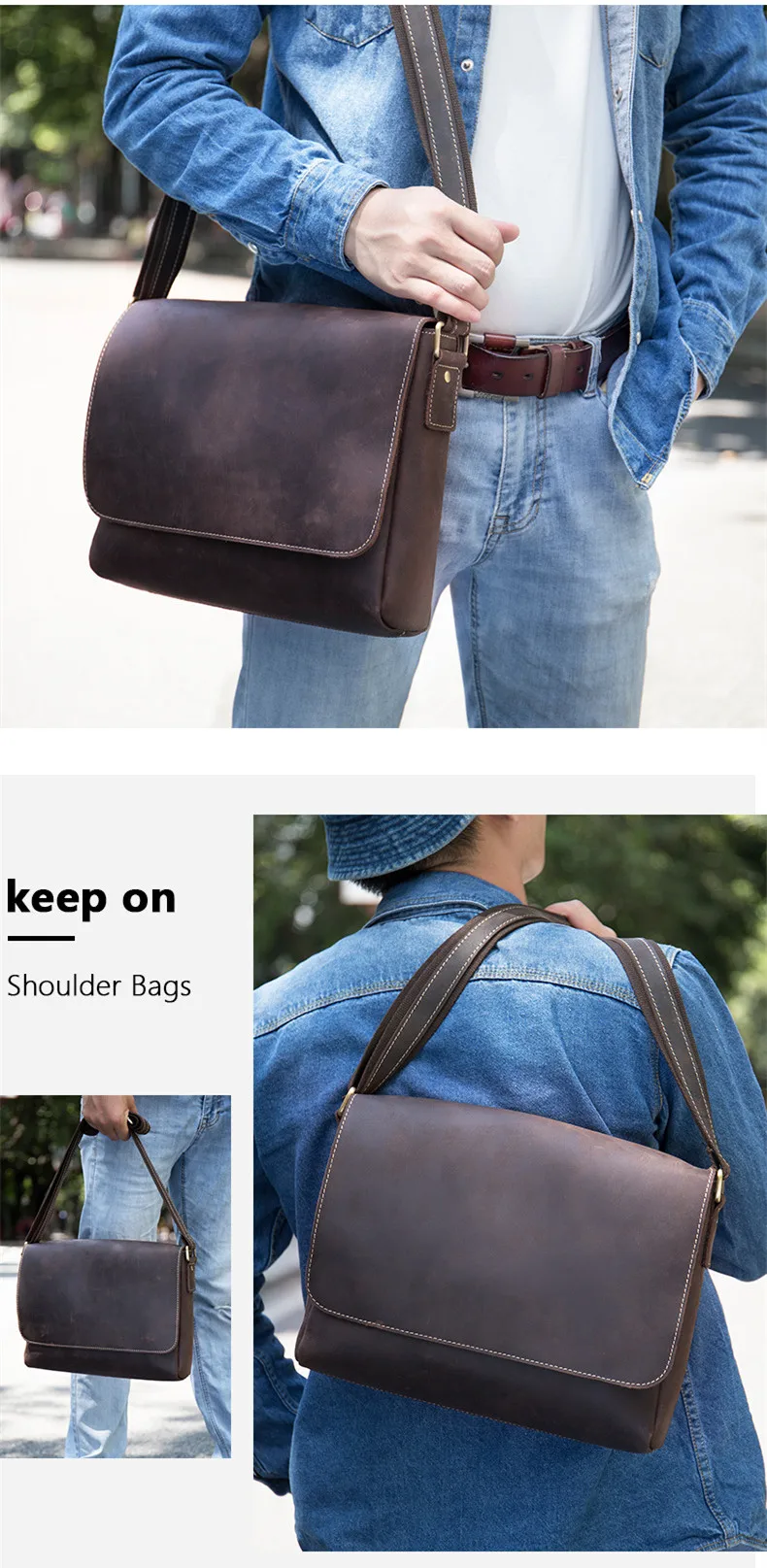 Crazy Horse Leather Men's Bag Genuine Leather Messenger Crossbody Bag First Layer Cowhide Single-Shoulder Bags Vintage