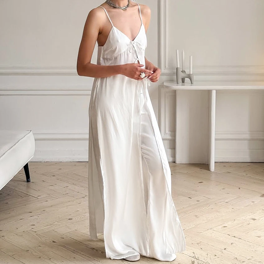 

Hiloc White V-Neck Spaghetti Strap High Slit Dress Outfit Thin Floor-Length Pants Set Bow Lace-Up Full Placket Woman Pajama Suit