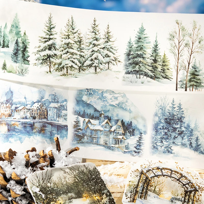 Mr. Paper, Winter Theme Town Forest Landscape Stickers Tape, Collage Clipbook, Phone Case, Notebook, Diary Decoration Stickers