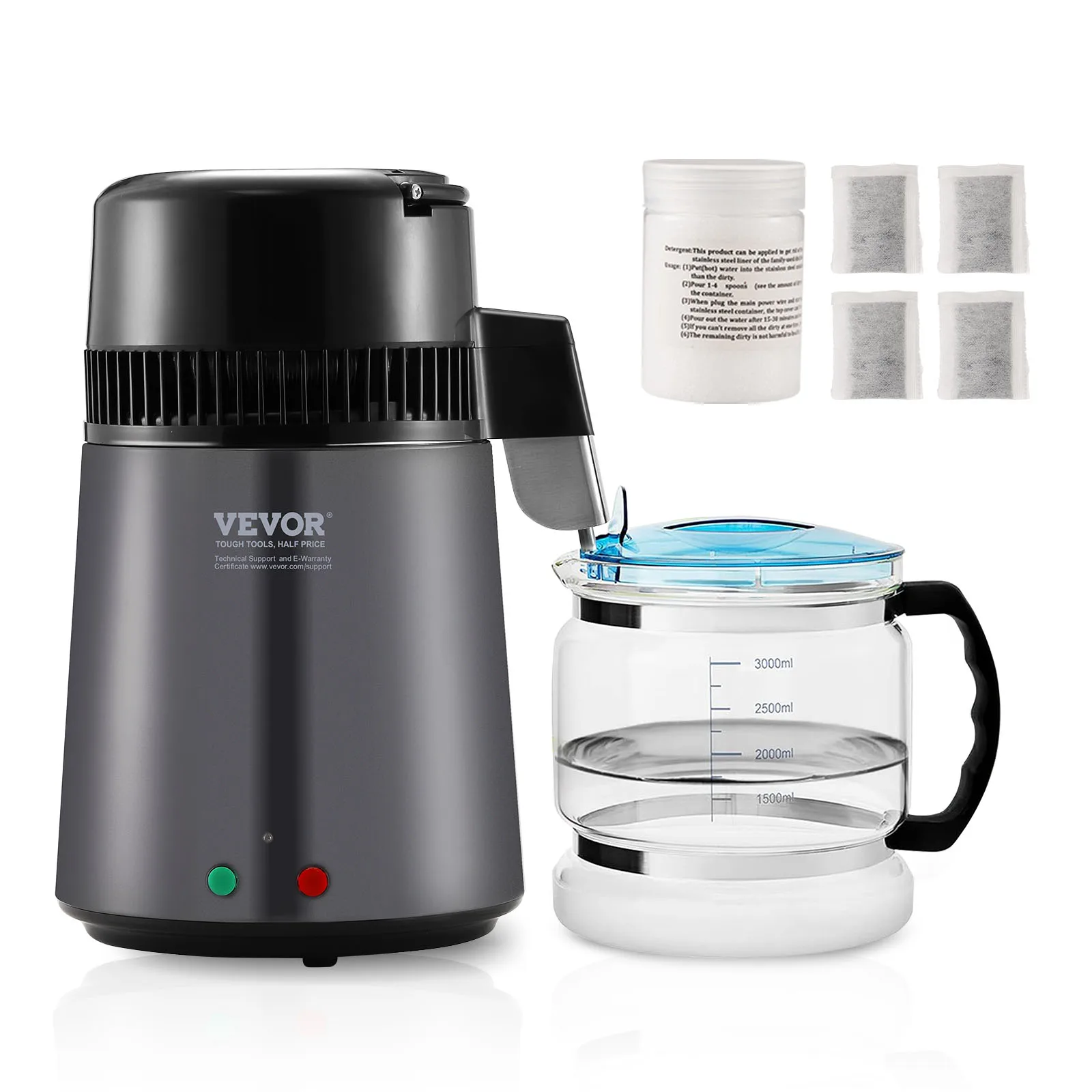 VEVOR 4L Water Distiller, Pure Water Purifier Filter For Home Countertop, 750W Stainless Steel Interior Distilled Water Maker