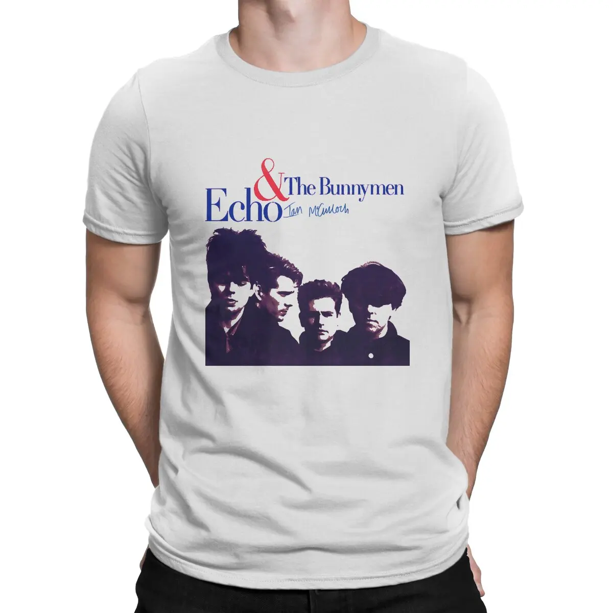 Men 70s British Guitar Fantasy Band T Shirts Echo & The Bunnymen Pure Cotton Clothing Funny Short Sleeve Collar Tees