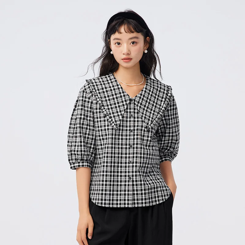 Semir Women Shirt Middle-sleeved Shirt Autumn New Large Lapel Stringy Selvedge Cotton Top Elegant Slit Plaid Shirt for Women