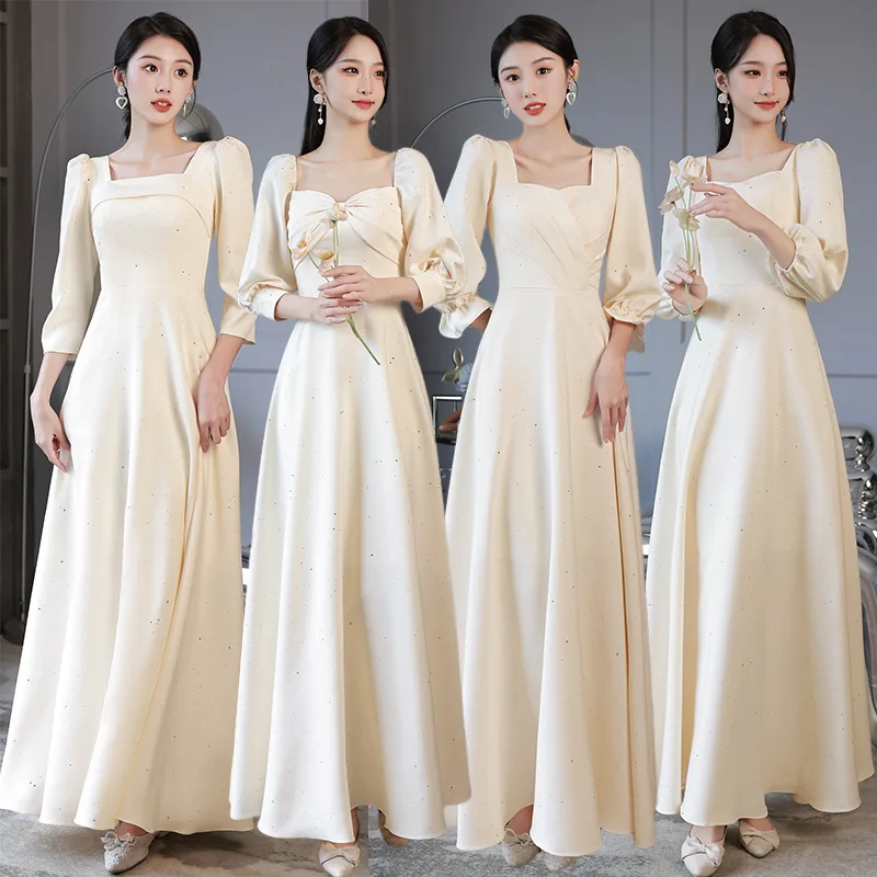 

Women's Satin Champagne Bridesmaid Dresses 2024 New Spring Autumn Long Sleeve Sisters Group Dress Graduation Evening Dresses