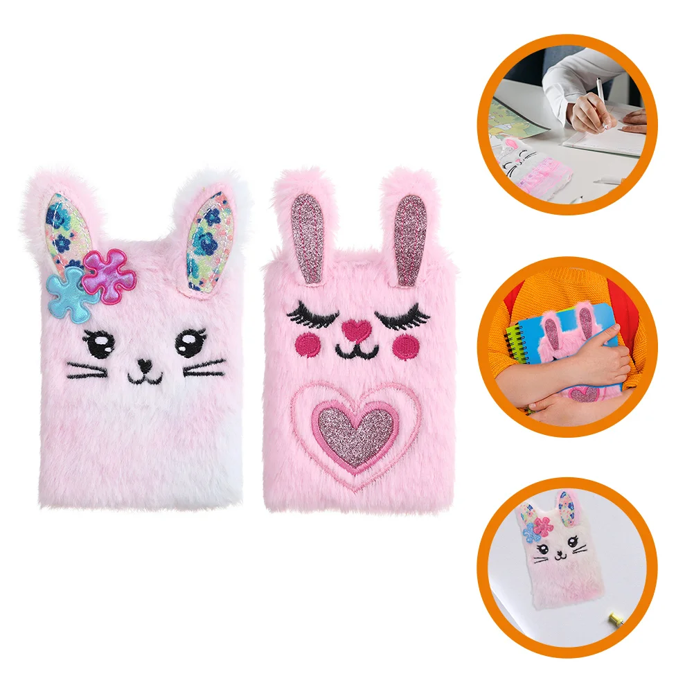 2Pcs Plush Notebook Cartoon Diary Girls Mini Pocket Dyed Cover Journal Writing Book Daily Travel Note Accessories