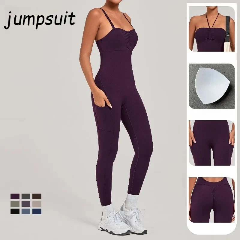 

Women's Yoga Jumpsuit Sports Fitness Gym One-piece Set Pocket Sleeveless Pants Sportswear Hip Lifting Beautiful Back Jumpsuit
