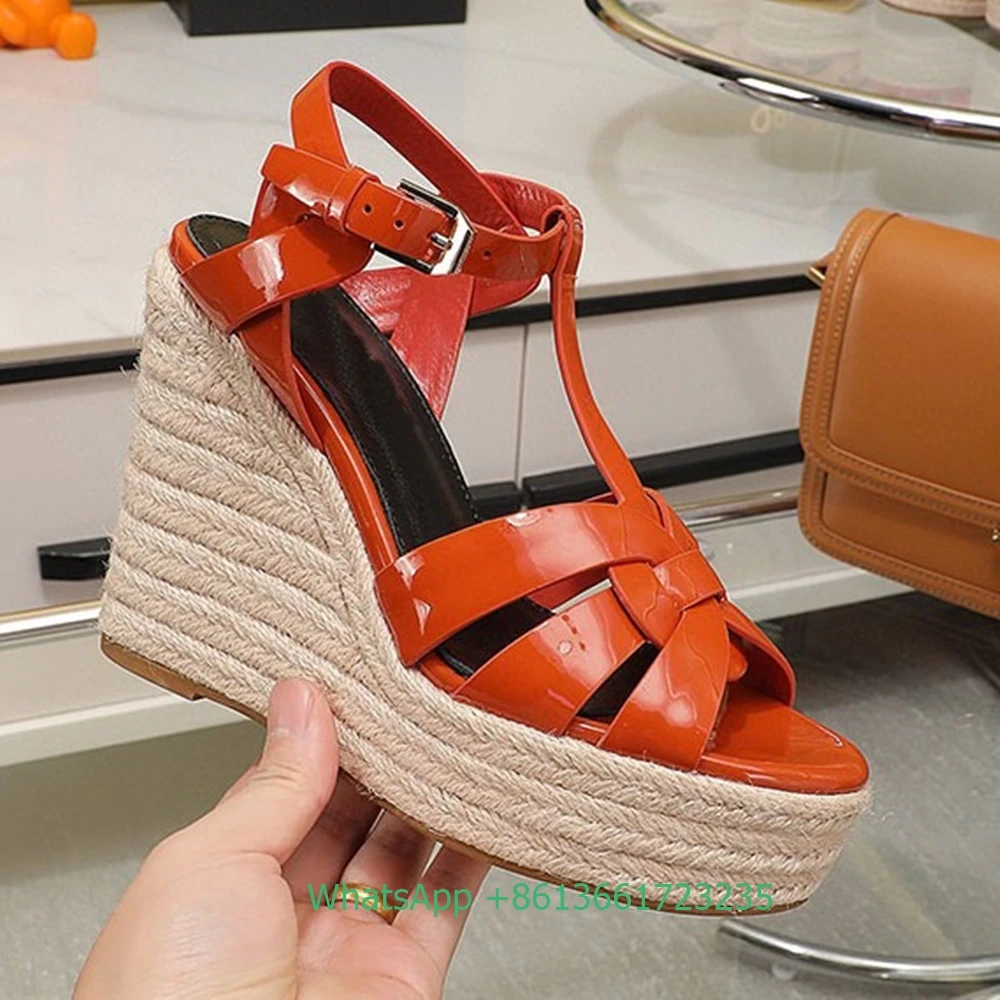 Women Cross Straps Open Toe Wedges Sandals Solid Color Open Toe Real Patent Leather Espadrilles Shoes Newest Summer 14cm Heels