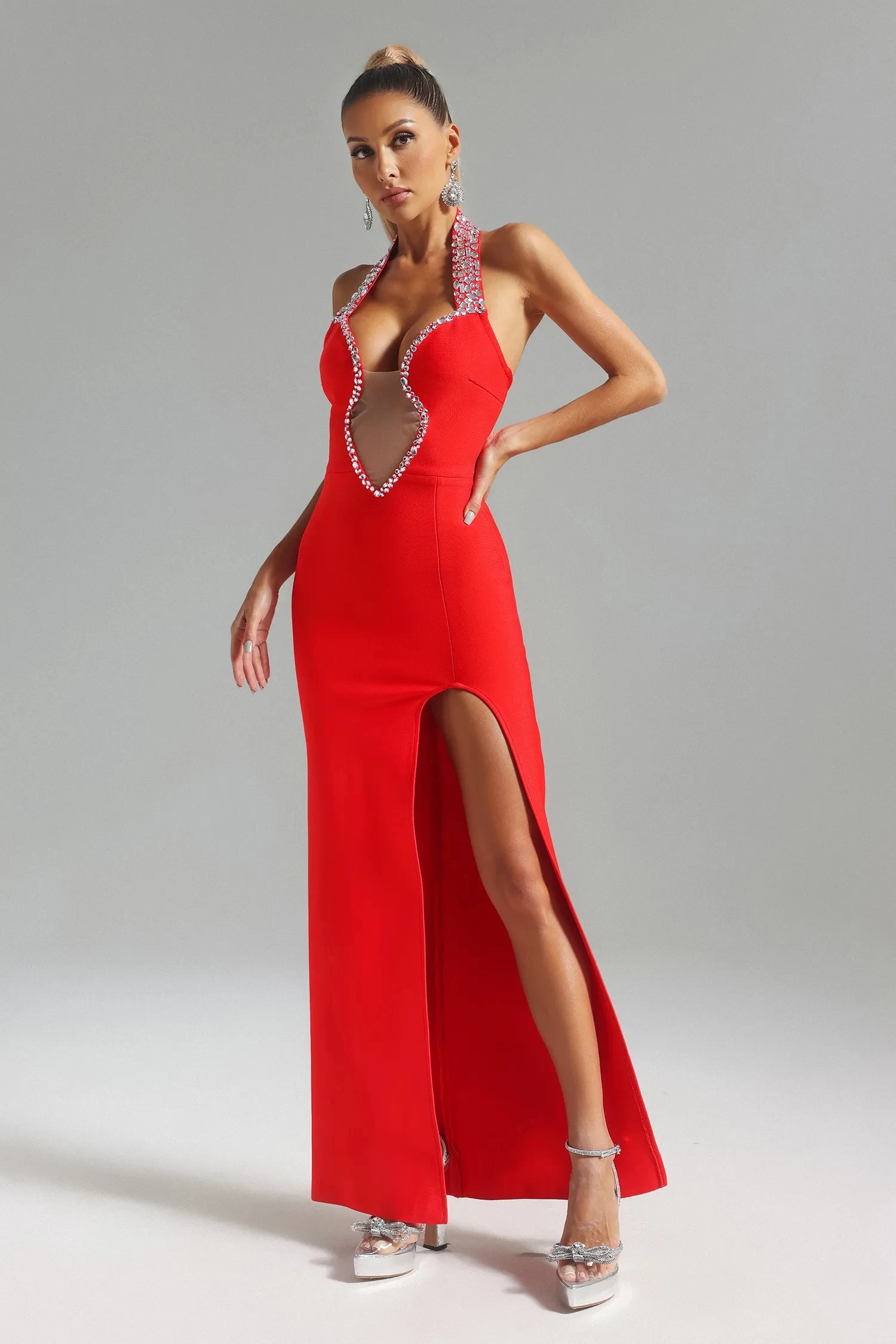 VC 2024 Summer New Sexy Red Halter Diamond-Studded Side Slit Backless Birthday Party Evening Maxi Long Dress