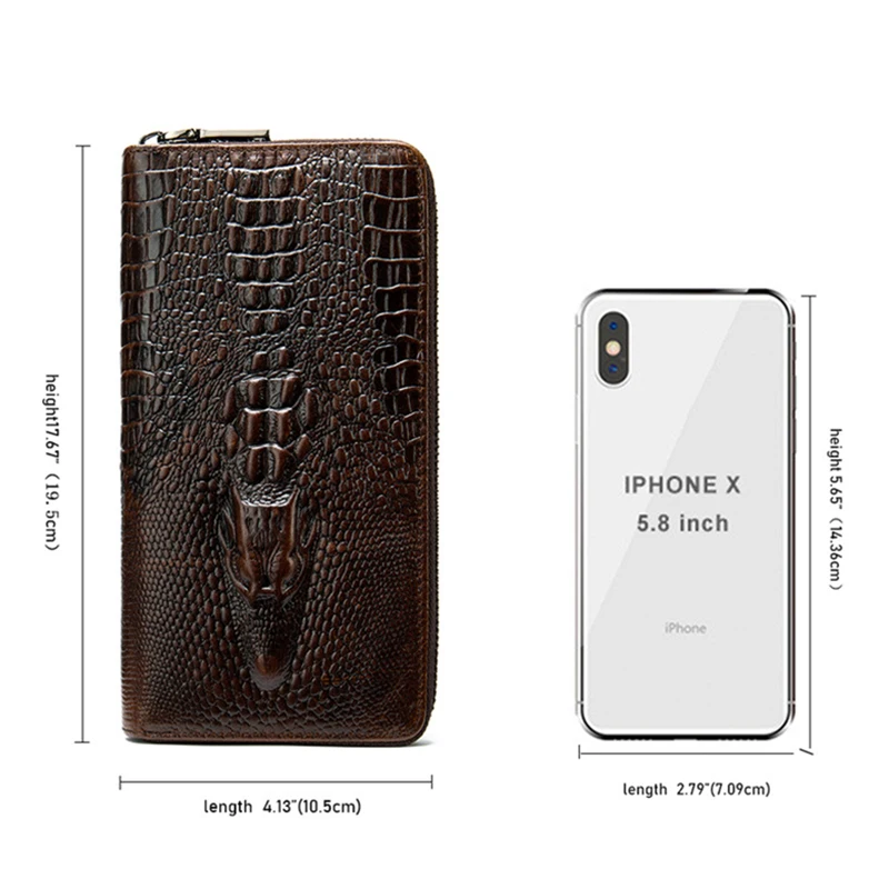 Fashion Embossed 3D Alligator Genuine Leather Long Wallet Men\'s Clutch Wallets with Zipper Handy Long Male Wallet Card Holder