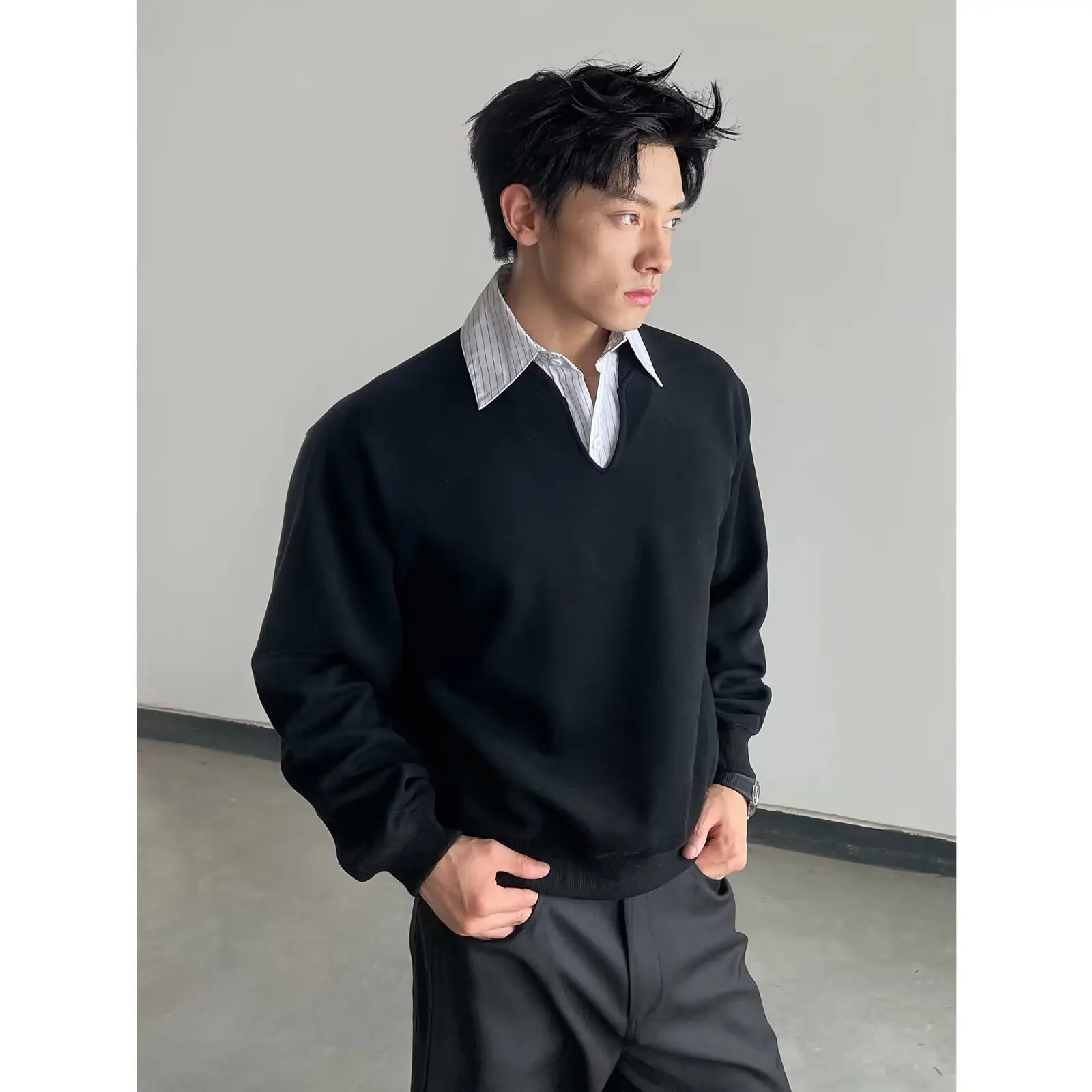 

Trendy brand spring American fake two-piece shirt collar stitching contrasting color sweatshirt men's loose casual pullover