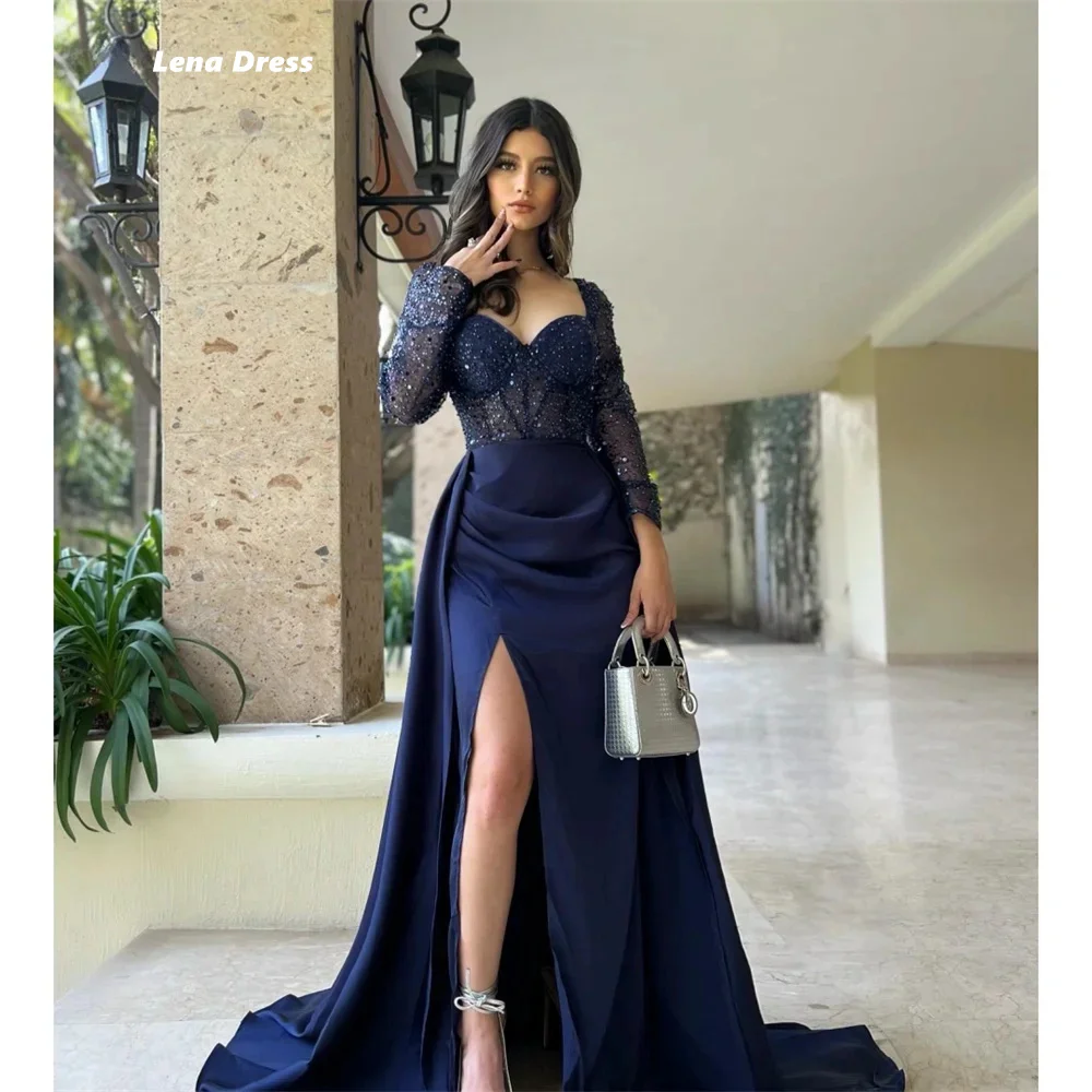 

Lena Fish Tail Wedding Party Dress Satin Evening Dresses for Special Occasions Custom Made Side Slit V-neck Ground Length Prom