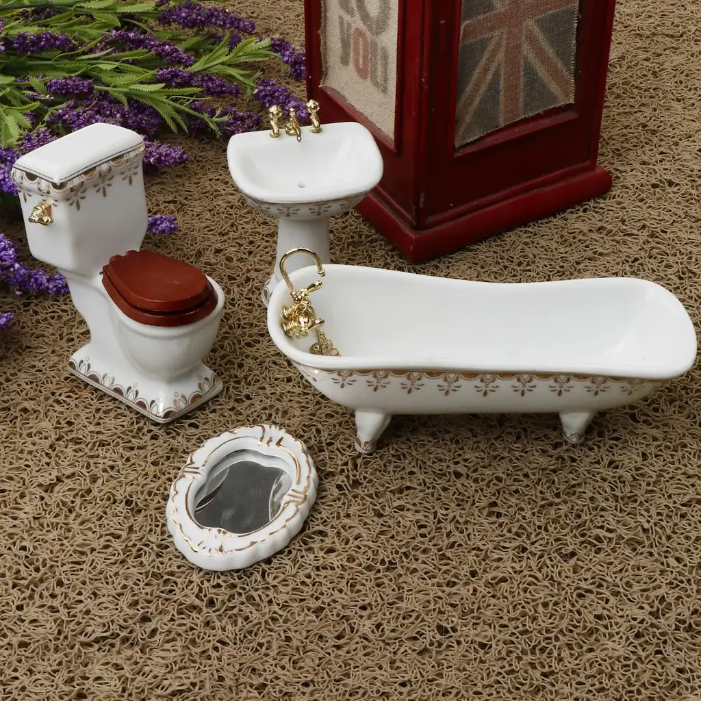 Ensemble de salle de bain pour maison de poupée, baignoire et évier miniatures en céramique 1 12 accessoires pour décoration de maison de poupée
