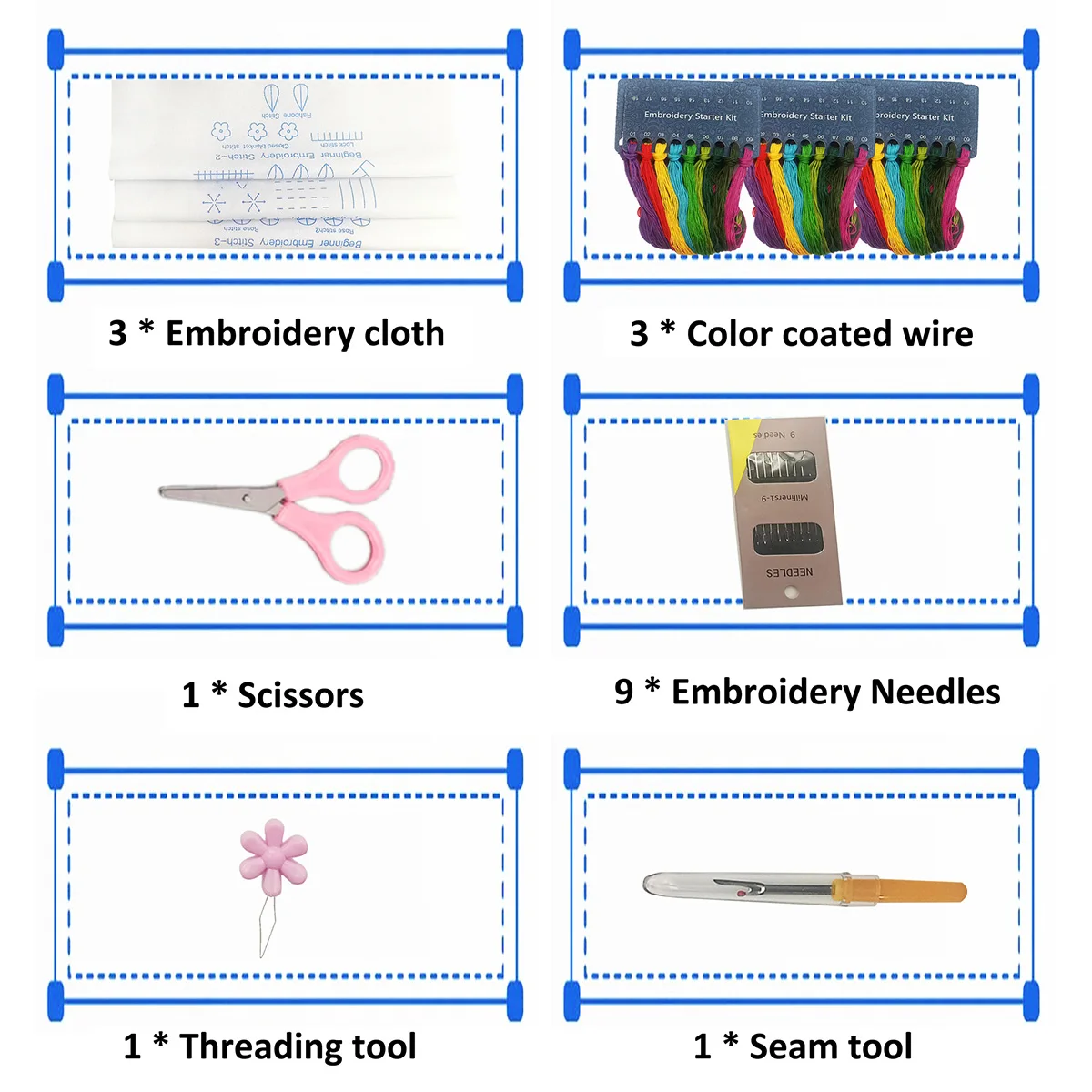 Embroidery Starter Kit Colorful Ergonomic Cross Stitch Kit with 3x Embroidery Cloth 1x Embroidery Hoop 9x Needles 3x Colorful Th