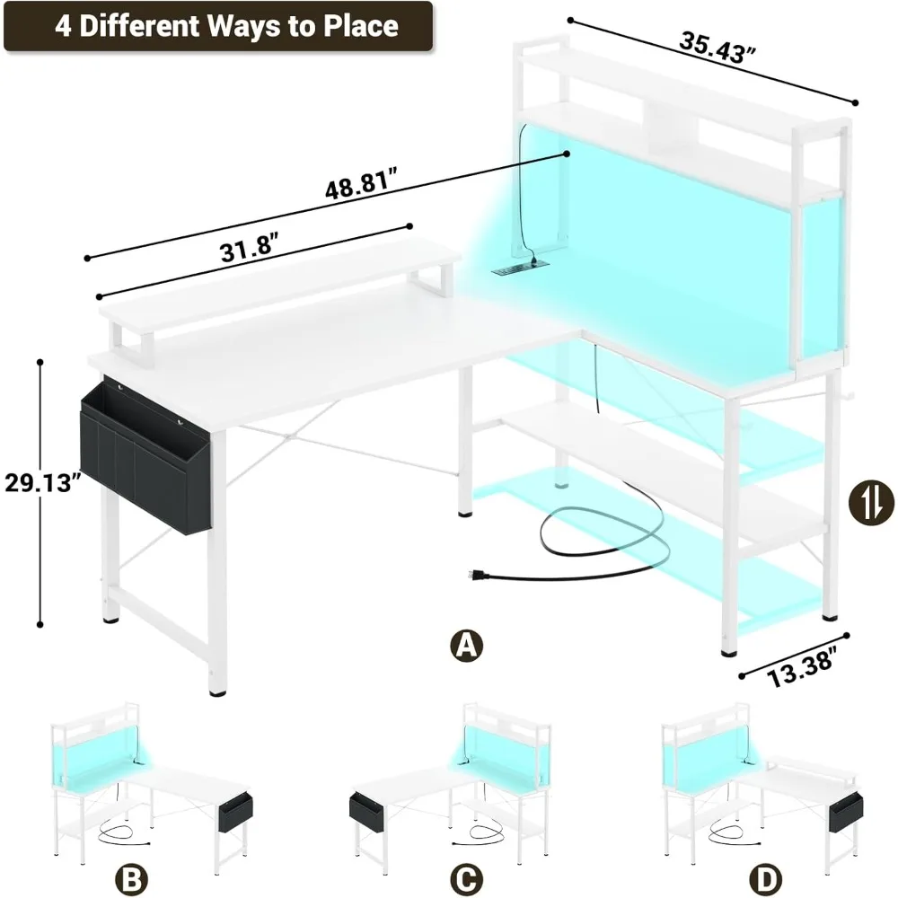 Aheaplus L字型ゲーミングデスク、電源コンセントとLEDライト付き、小型L字型デスク、コンピューターコーナーデスク、モニタースタンドとスタンド付き