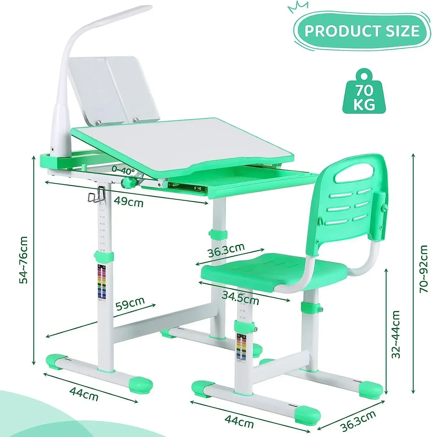 Escritorio para niños y estudiantes, mesa ergonómica y juego de sillas, con cajón, soporte de lectura, lámpara LED regulable, altura ajustable