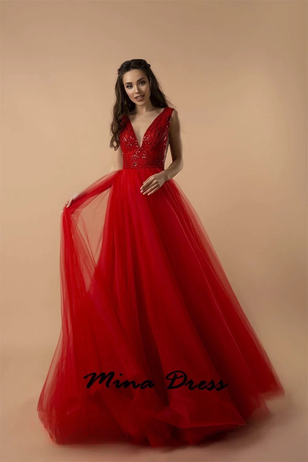 Mina Embroidery Evening Dresses Woman Elegant Party Dresses for Women 2024 V Shape Sleeveless Lace Graduation Dress Es Prom Gala