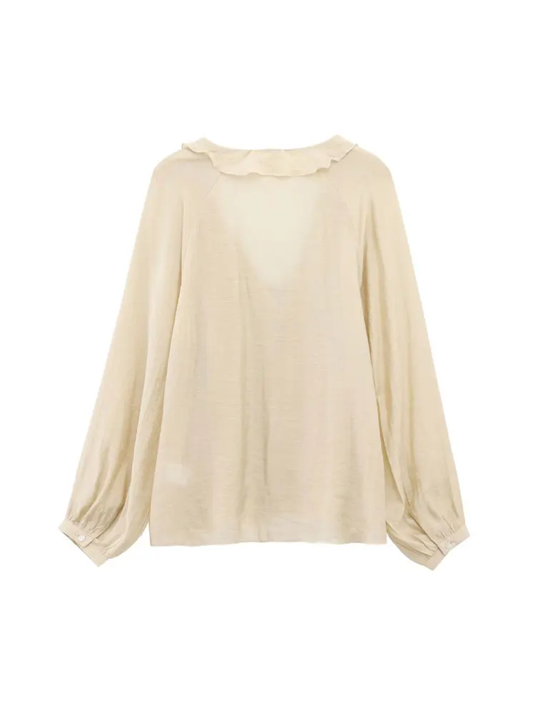 Moda donna con camicette arricciate legate con scollo a V, maniche lunghe, camicie da donna, top chic