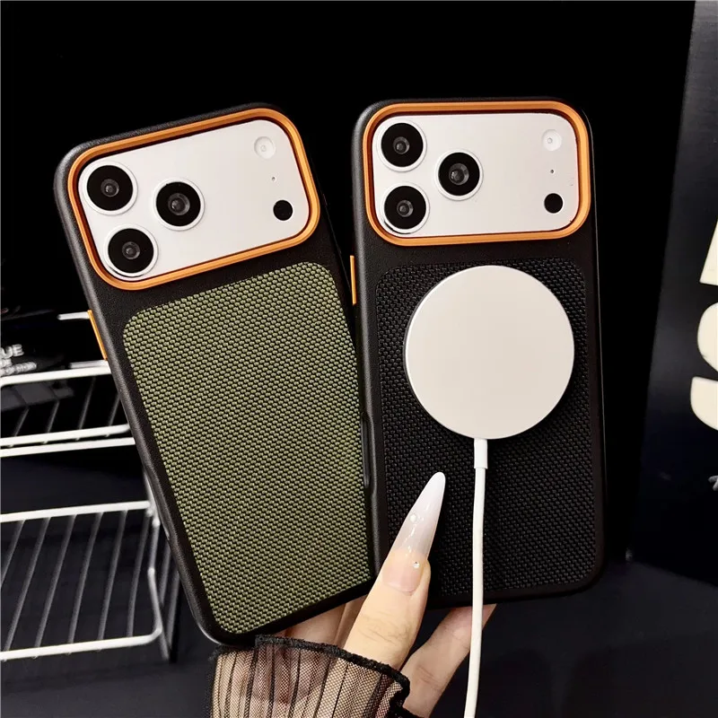 Business Luxury Technology Fabric Texture Case For iPhone 18 Pro 17 Pro for Magsafe Alloy Lens Button Shockproof Protector Cover