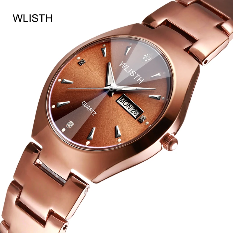 Wlisth-reloj de cuarzo para hombre y mujer, cronógrafo de acero completo de tungsteno, resistente al agua, calendario chino-inglés, pareja