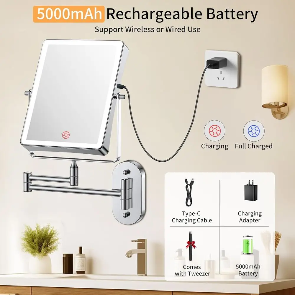 LED照明付き両面化粧鏡、5000mAh充電式、1倍/20倍拡大、タッチ調光、360度回転 °   回転式スイングアーム