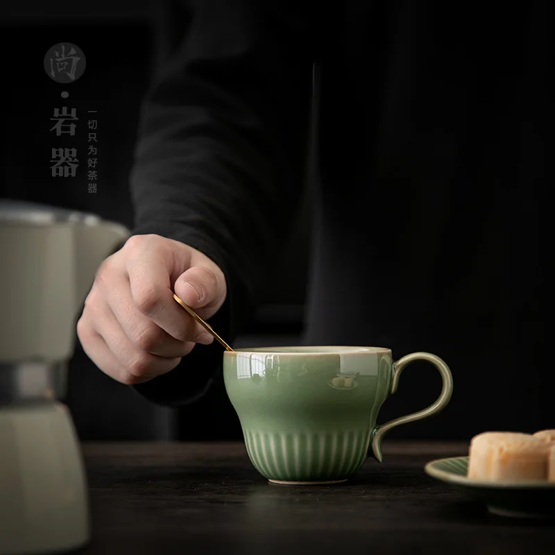 HYS retro celadon green vertical coffee cup with saucer set ceramic drinking cup breakfast cup milk view 3