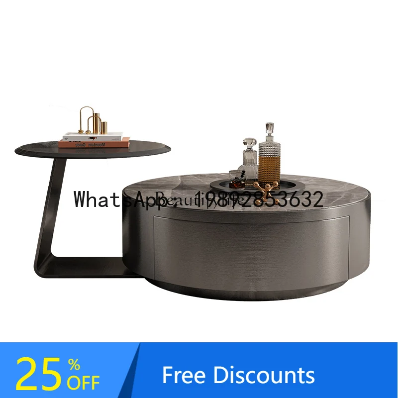 

HH Italian light luxury stainless steel rock slab coffee table size combination living room modern style