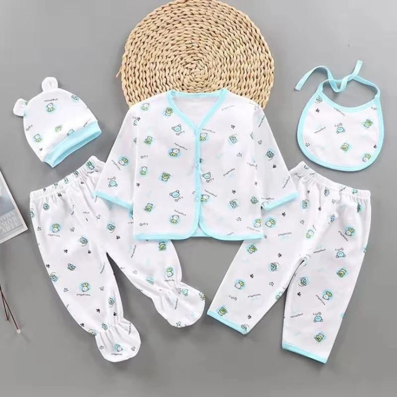 5Pieces Newborn Clothes+Pants Sets Autumn 100% Cotton Baby Girl Baby Boy Clothes Cartoon Print Clothing For Baby Shower Gift