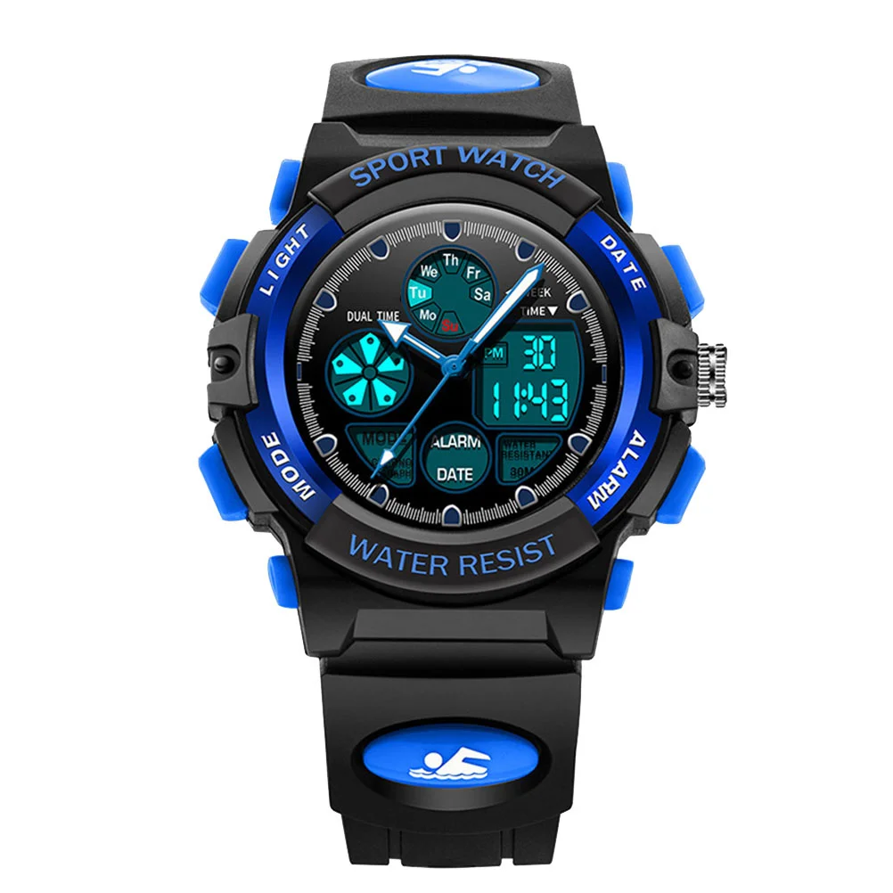 Wristwatch 30m Waterproof Multifunctional LED Light Alarm Calendar Dual Times for 3-13 Year Black Blue