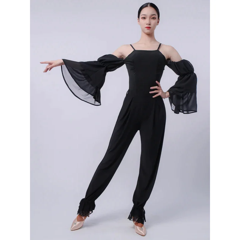 2024 New Latin Dance Pants For Women Black Elastic Flower Bud Trousers Chacha Rumba Tango Dress Adult Latin Dance Wear DN14467