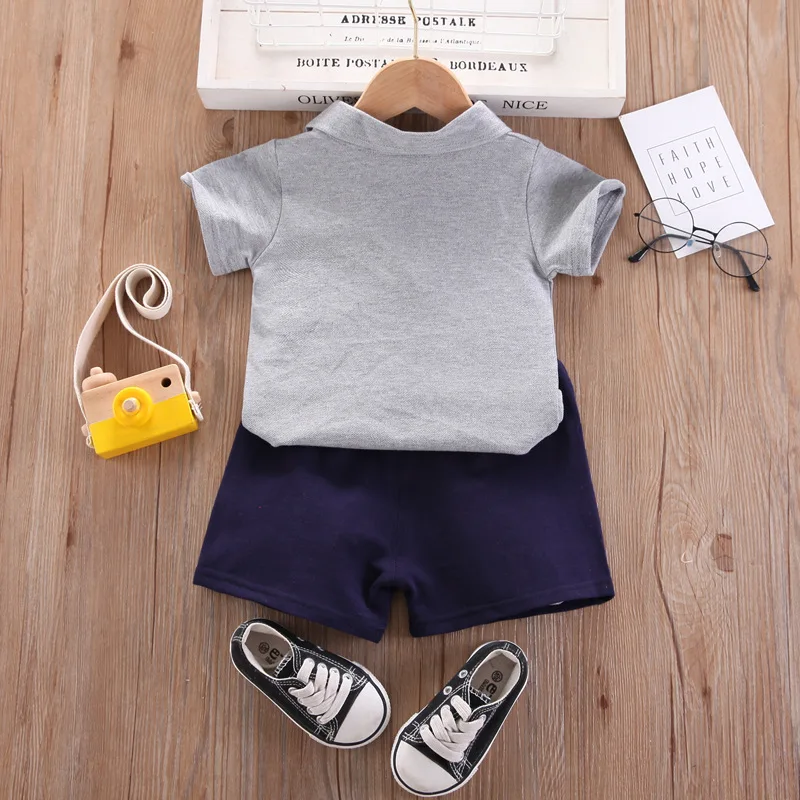 Short Sleeve Lapel Two Piece Baby Boy Clothes Suit Summer Navy Grey T Shirt Tops Shorts Casual Sport Kids 1 2 3 4 Year Old Wear