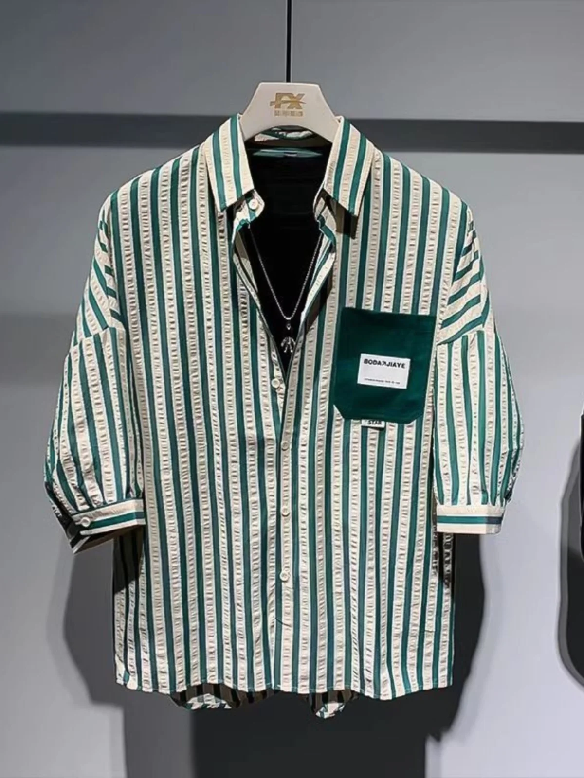 

Loose Fit Striped Short Sleeve Shirt Men's Summer Casual American Style Point Collar Half Sleeve Top for plus Size 300 Pounds