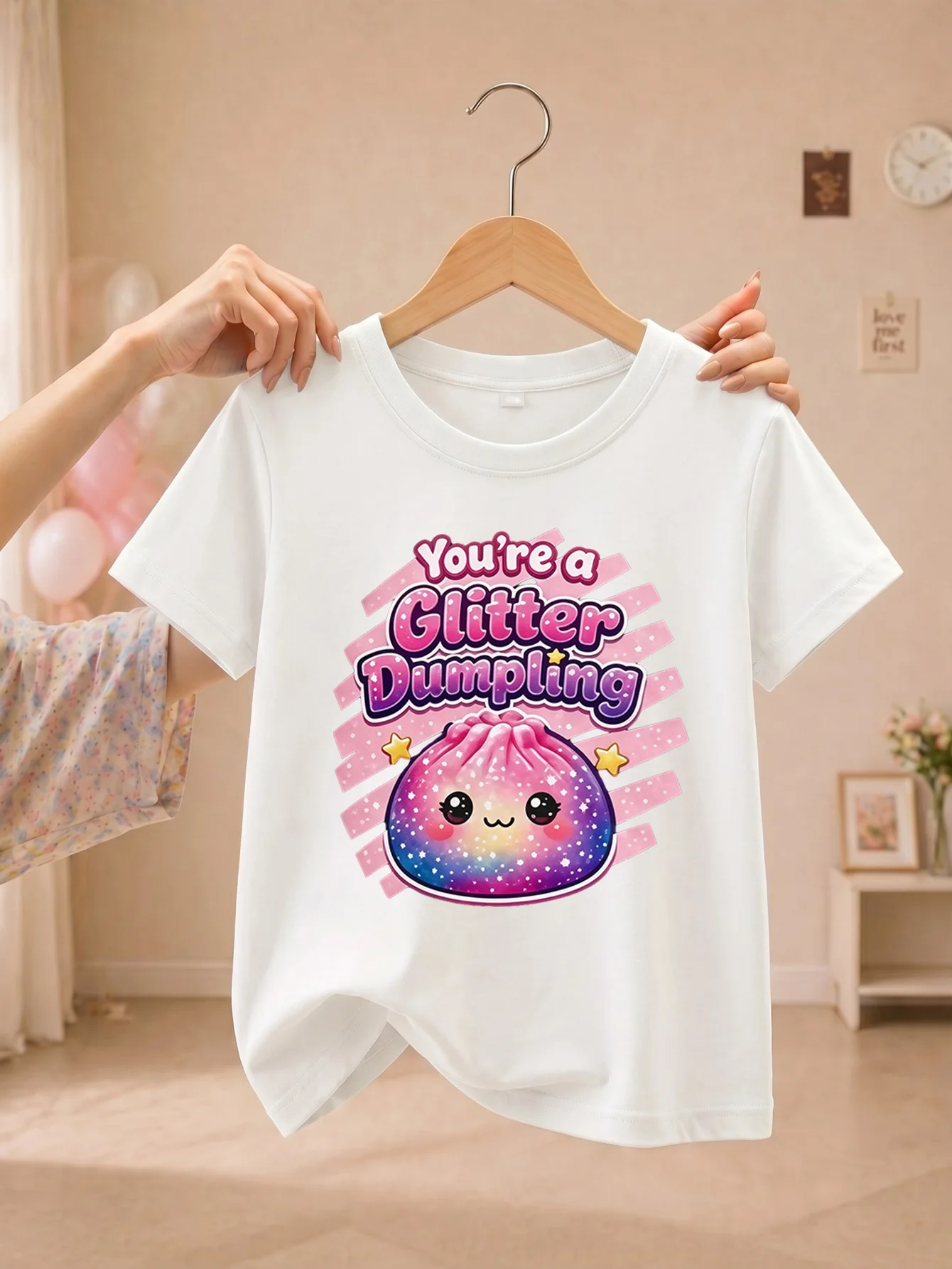 Children's Round Neck Short Sleeved Cute and Fun Casual T-shirt with Starry Sky Dumpling Pattern Printed New Parent-child Outfit