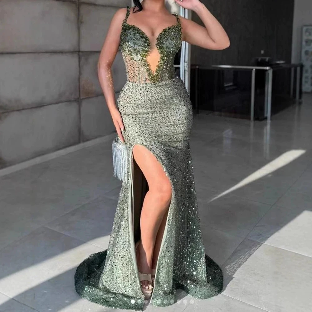 

Green sequined bandage pattern fishtail evening dress female sexy deep V high slit ruffled suspender skirt-GZXX800