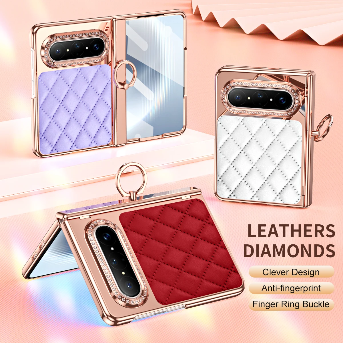 

For Huawei Pura x Max Case Electroplated Leather Textured Glitter Diamond with Ring Hanging Anti-Fingerprint Phone Cover